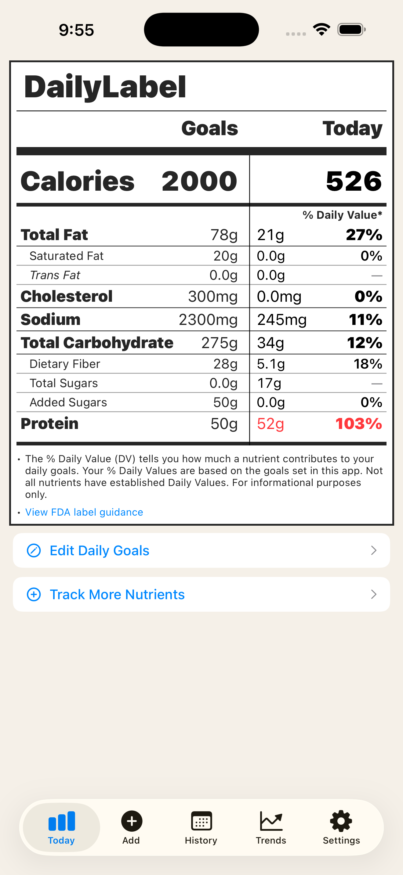 DailyLabel US FDA %DV Nutrition Facts dashboard