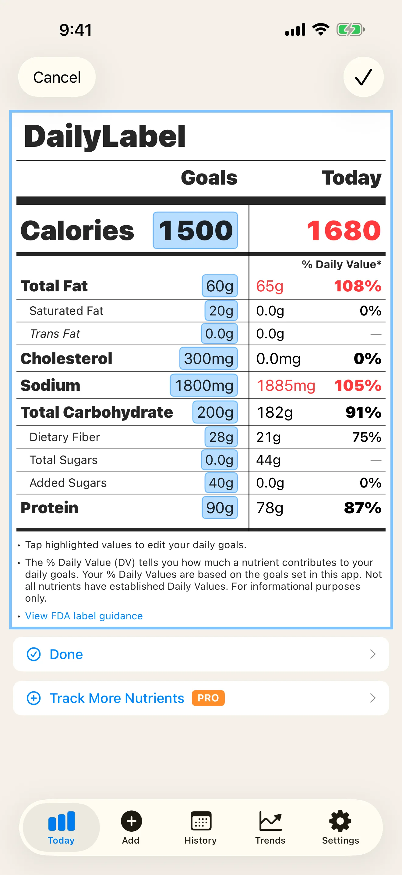 DailyLabel goal editing screen with adjusted daily values